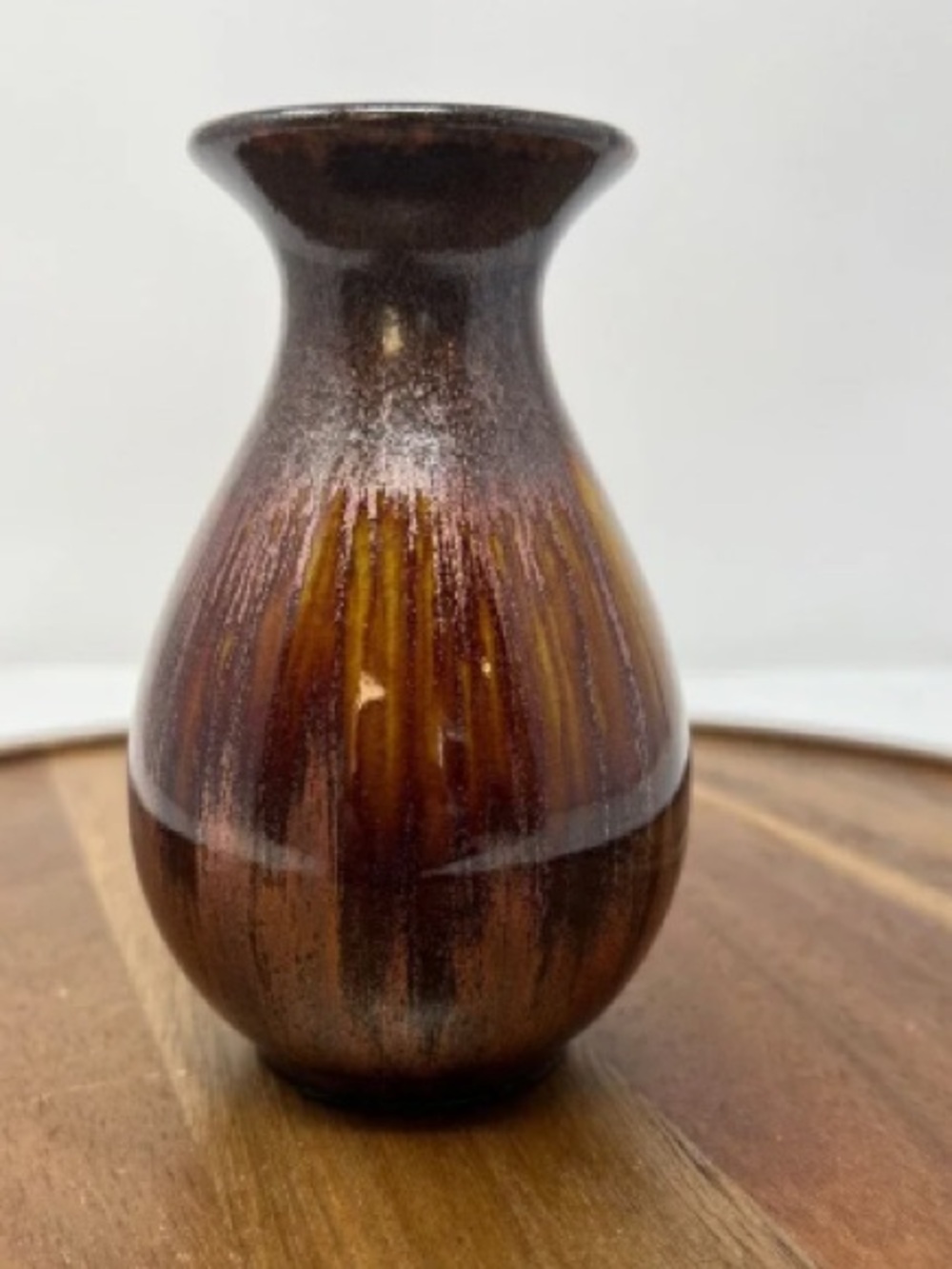 Handcrafted Brown Ceramic Vase with Amber Drip Finish - Home Accents